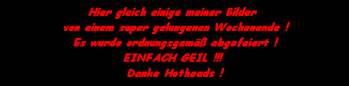 Hier gleich einige meiner Bilder 
von einem super gelungenen Wochenende !
Es wurde ordnungsgem�� abgefeiert !
EINFACH GEIL !!! 
Danke Hotheads !